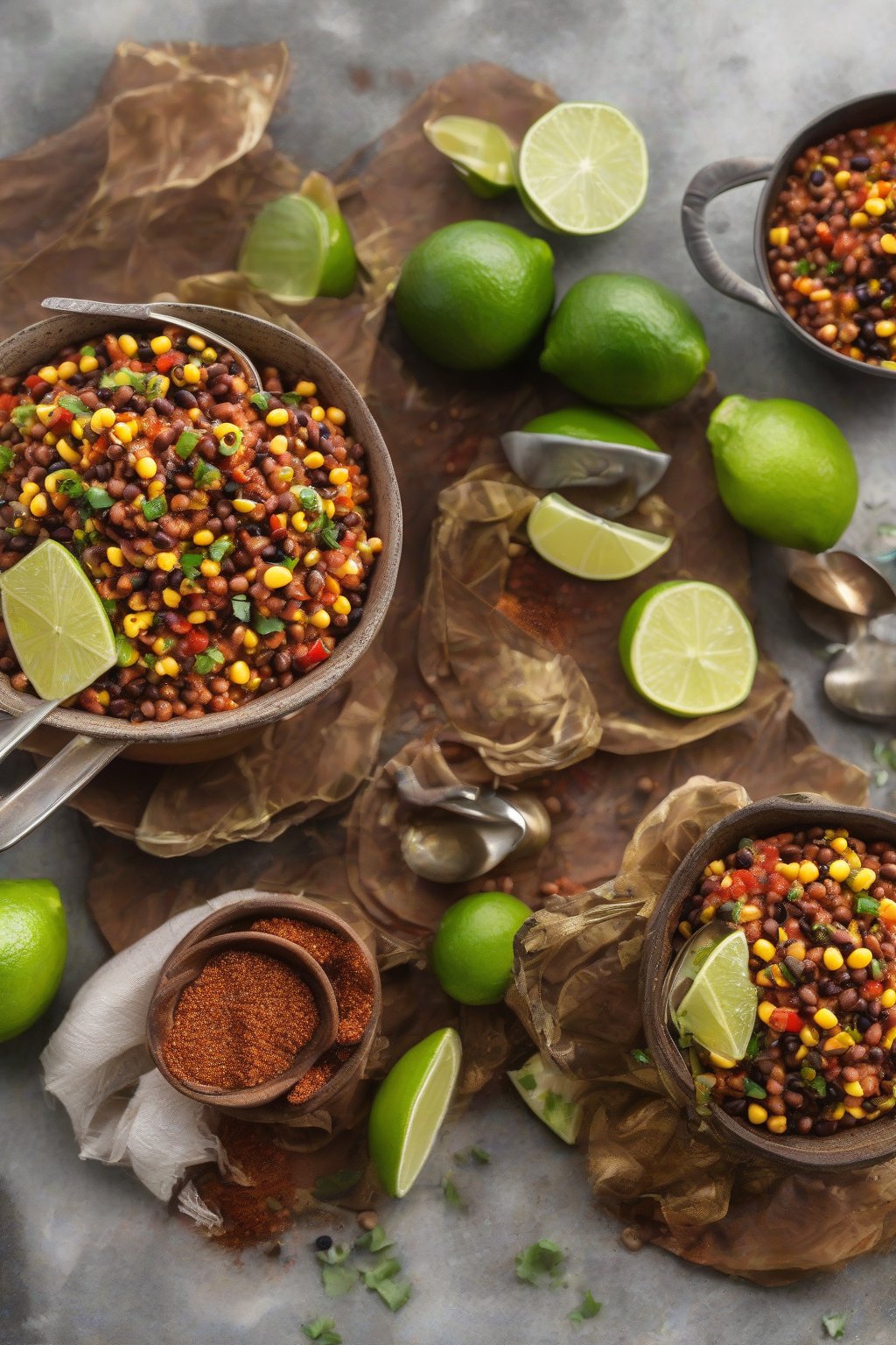 A high-resolution photo of smoky chipotle cowboy caviar garnished with smoked paprika dust, alongside lime wedges, under soft lighting.