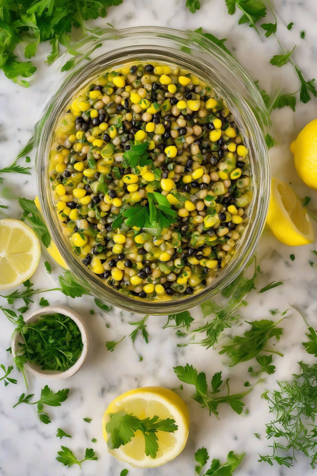 A high-resolution photo of herb-infused lemon cowboy caviar with green herb flecks and lemon zest, in a glass serving dish, under soft lighting.