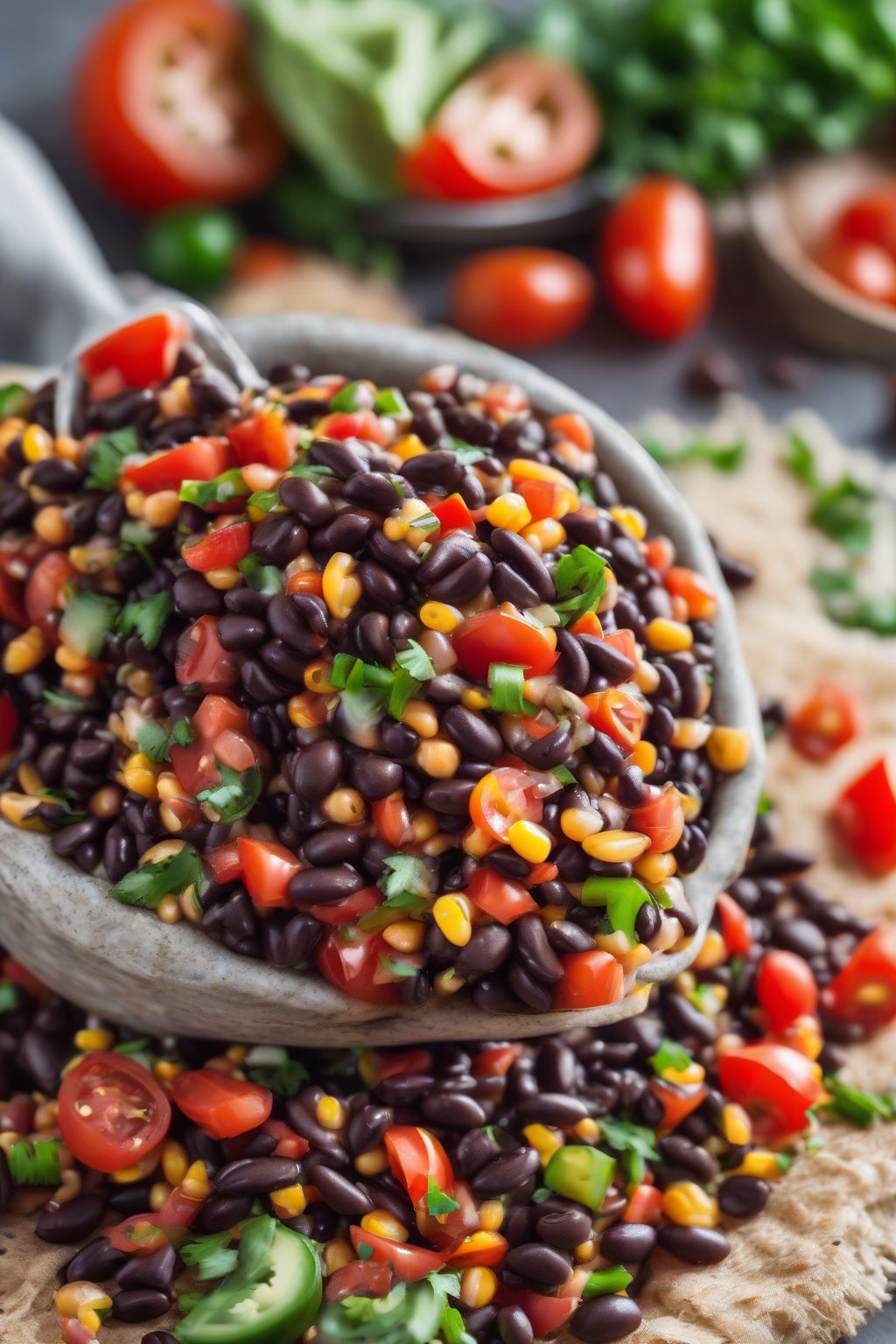 A high-resolution photo of black bean fiesta cowboy caviar piled high with red tomato pieces, ready for scooping, under soft lighting.