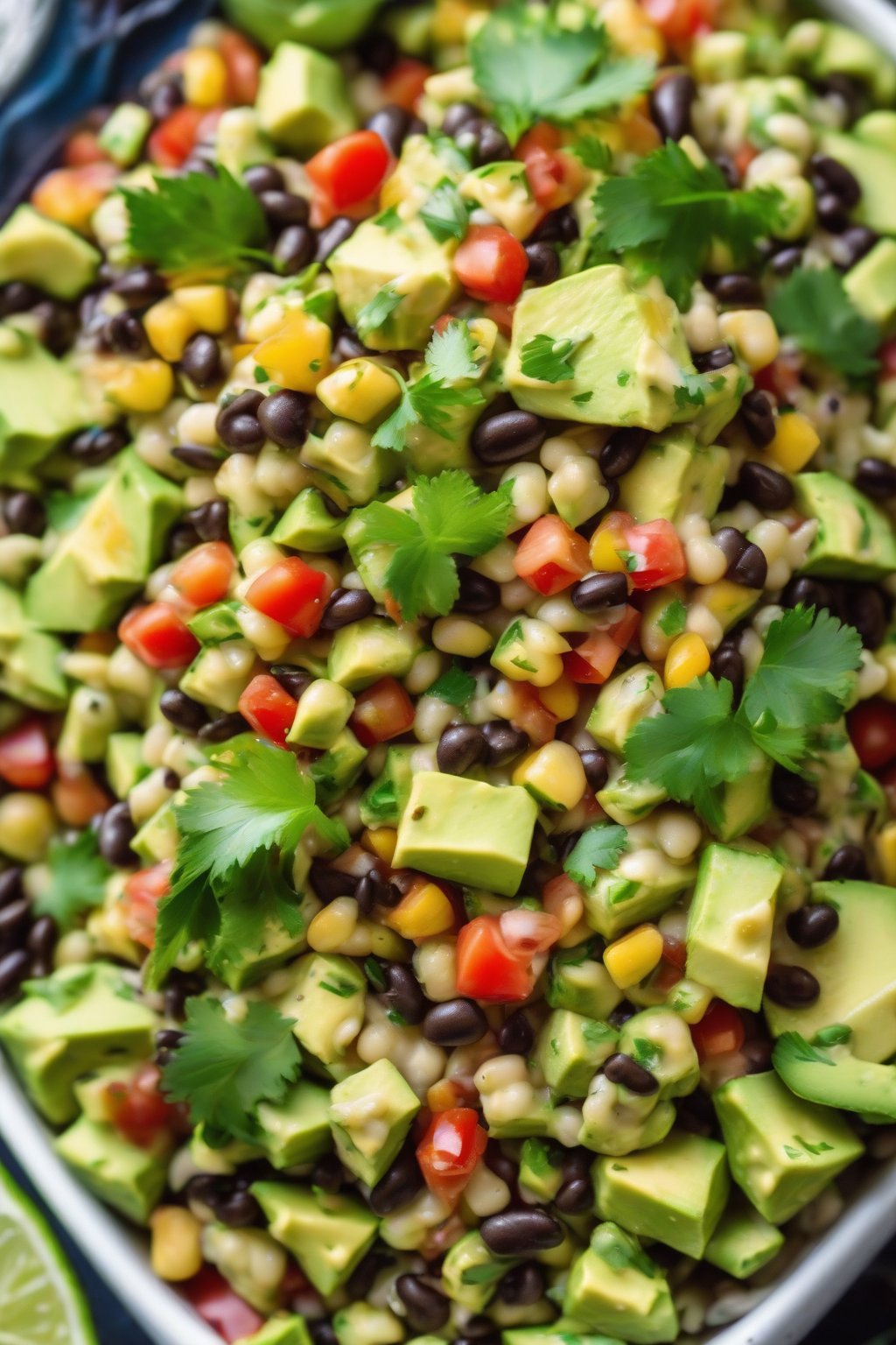 A high-resolution photo of avocado-lime dream cowboy caviar showcasing creamy green avocado chunks, drizzled with lime, under soft lighting.