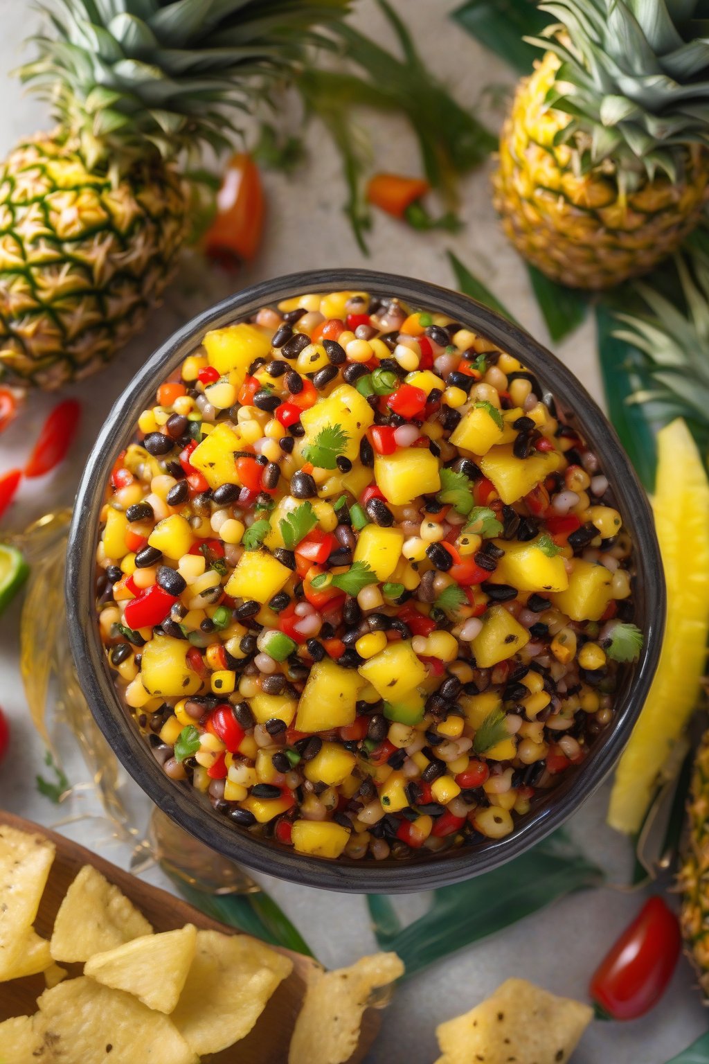 A high-resolution photo of pineapple habanero cowboy caviar with golden pineapple bits and red habanero flecks, in a tropical bowl, under soft lighting.