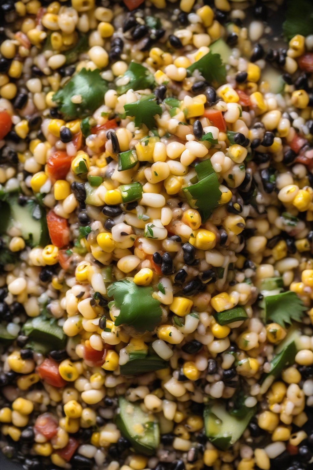 A high-resolution photo of roasted corn poblano cowboy caviar with charred corn kernels and cheese crumbles, steaming slightly, under soft lighting.