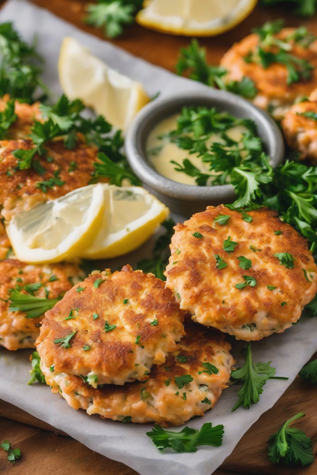 A close-up photo of cheesy garlic salmon patties oozing cheese, parsley garnish, under soft lighting.