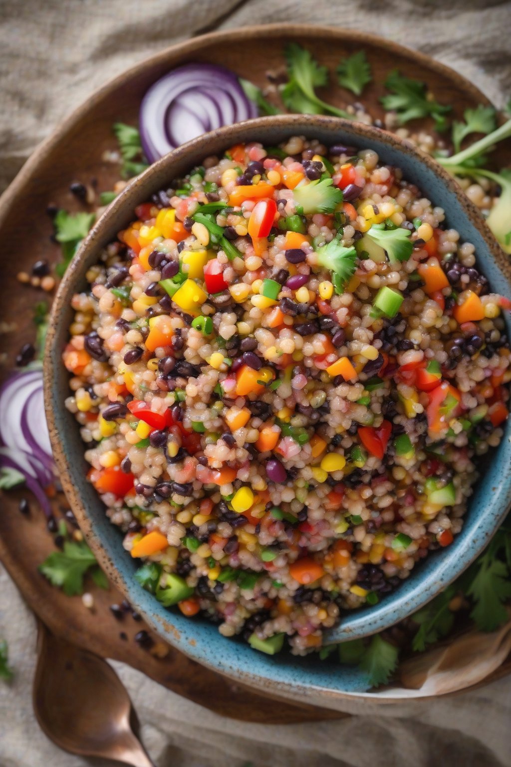 A high-resolution photo of quinoa power cowboy caviar mixed with fluffy quinoa grains and colorful veggies, in a rustic bowl, under soft lighting.