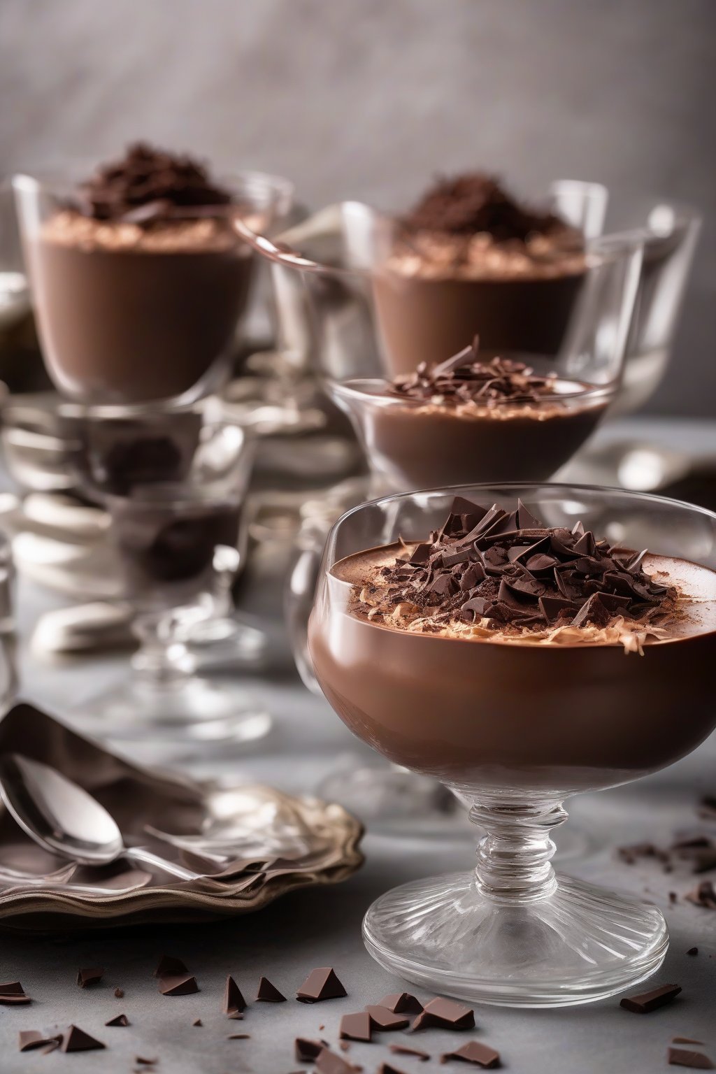 A high-resolution photo of classic airy chocolate mousse in elegant glass cups, topped with chocolate shavings, under soft lighting.