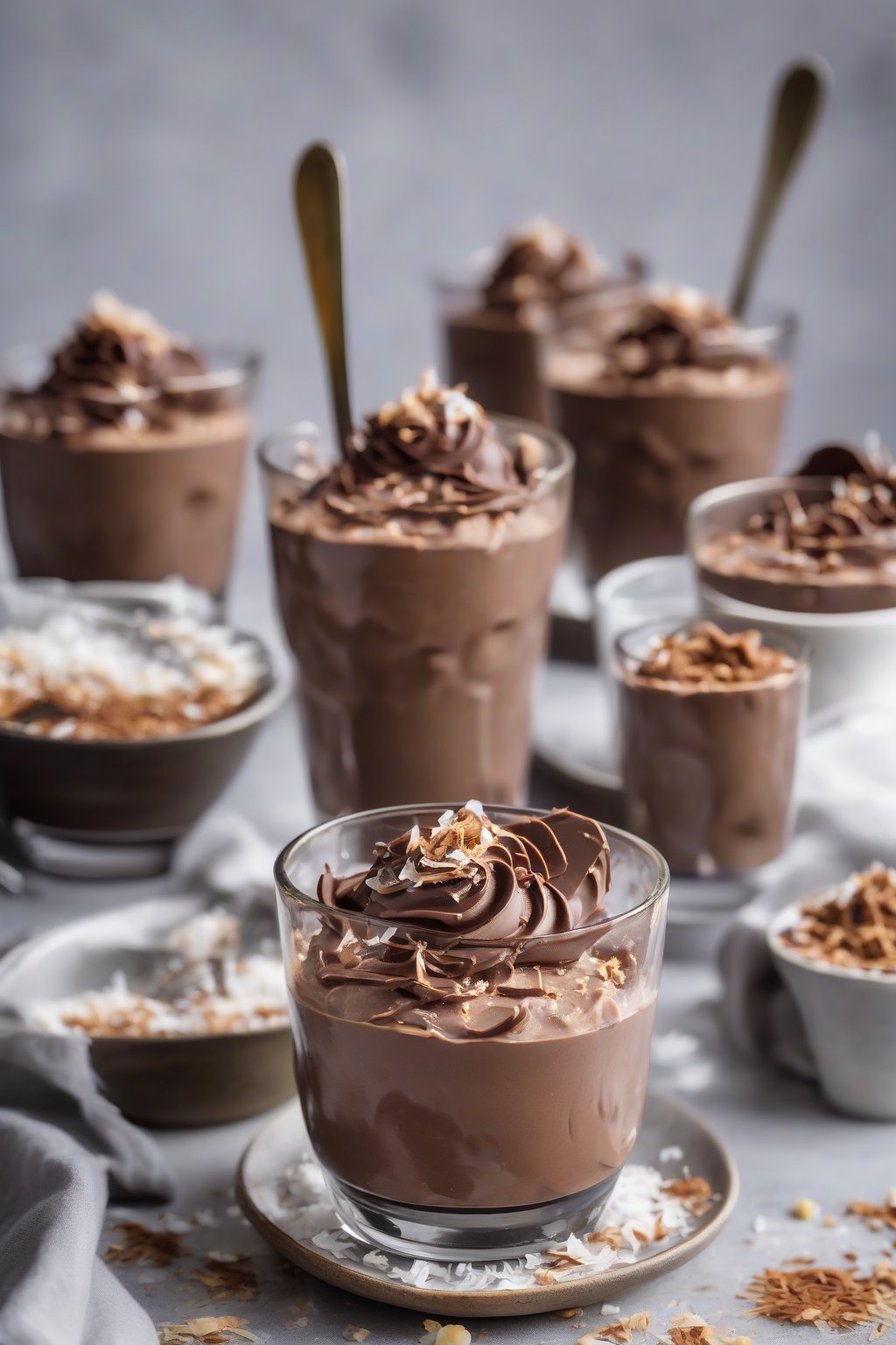 A high-resolution photo of vegan airy chocolate mousse swirled in parfait glasses with coconut flakes, under soft lighting.