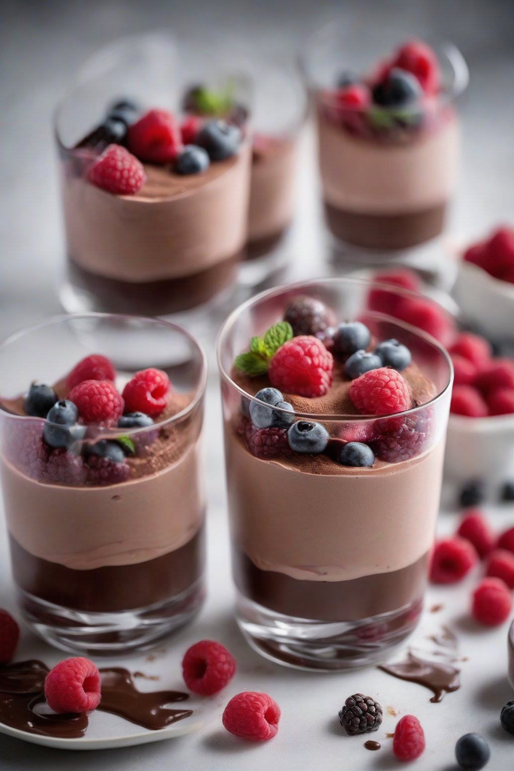 A high-resolution photo of raspberry-infused airy chocolate mousse layered with fresh berries in clear tumblers, under soft lighting.