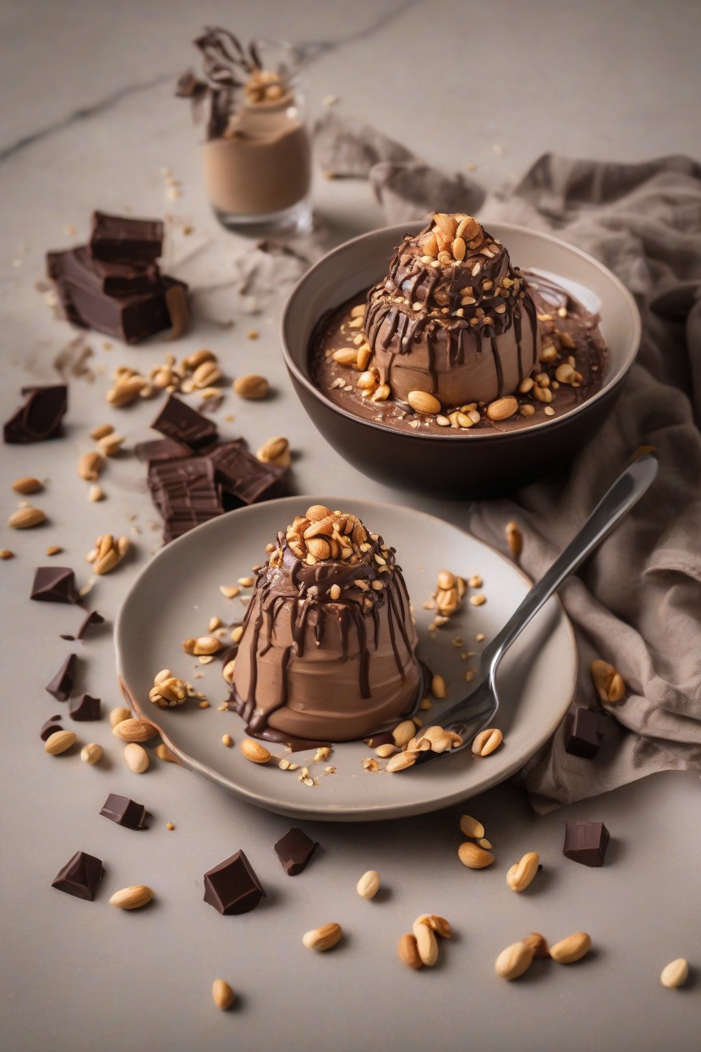 A high-resolution photo of peanut butter airy chocolate mousse topped with crushed peanuts and drizzled chocolate, under soft lighting.