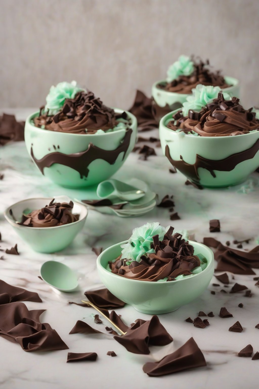 A high-resolution photo of mint chocolate airy mousse garnished with chocolate curls in mint-green bowls, under soft lighting.