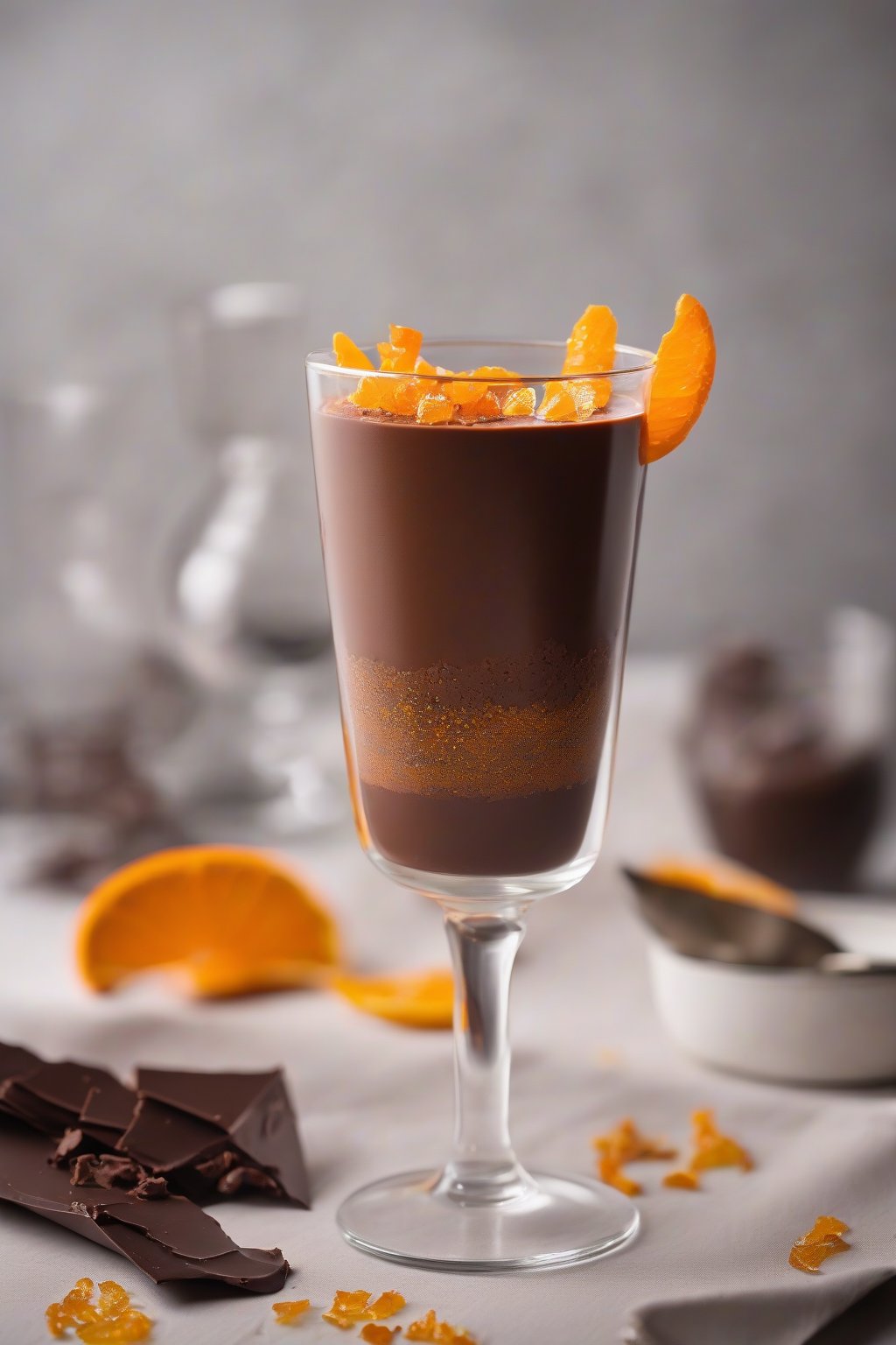 A high-resolution photo of orange zest airy chocolate mousse with candied peel on top, served in orange-rimmed glasses, under soft lighting.