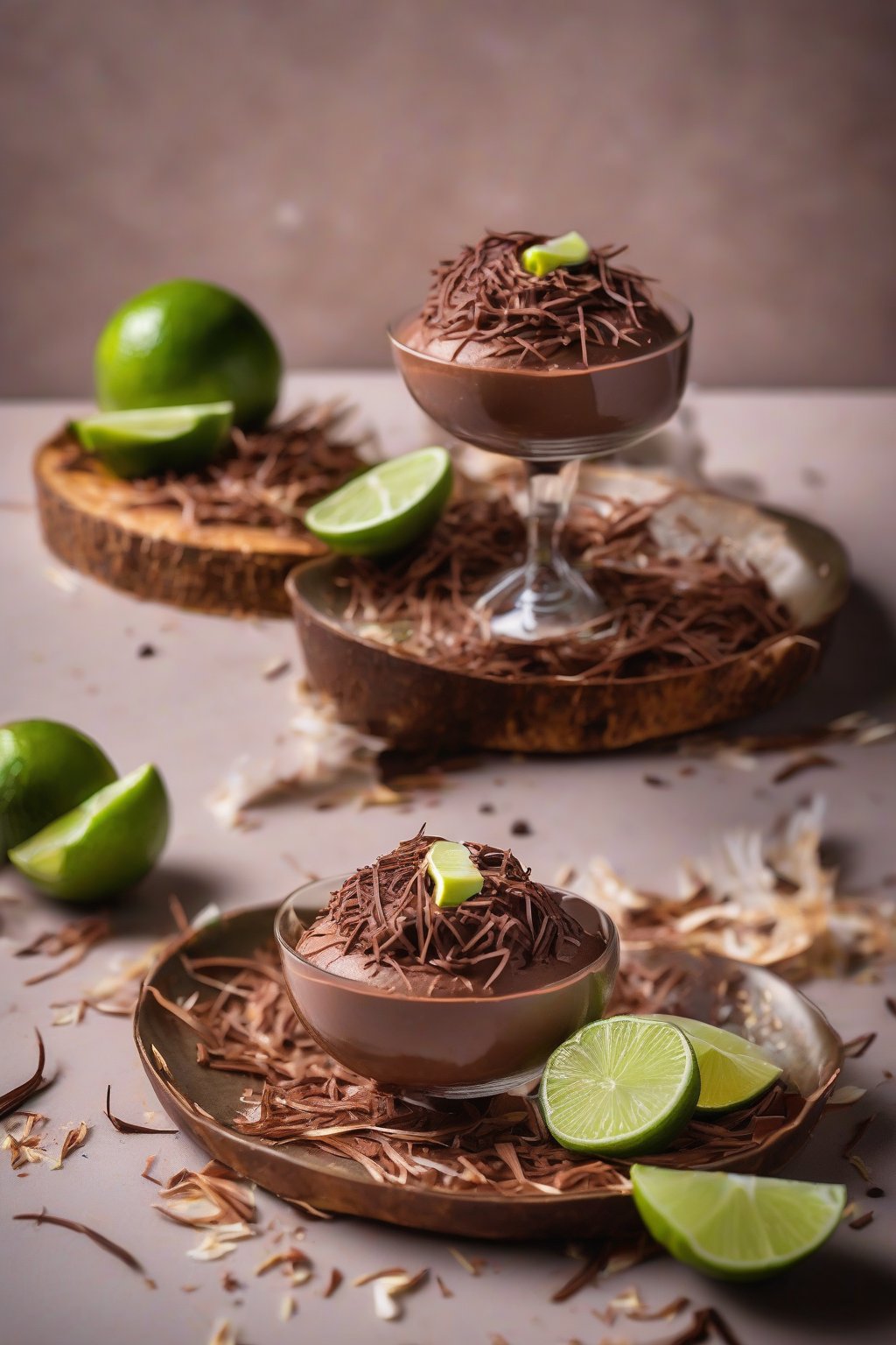 A high-resolution photo of coconut airy chocolate mousse with toasted shreds and lime zest, in coconut shells, under soft lighting.