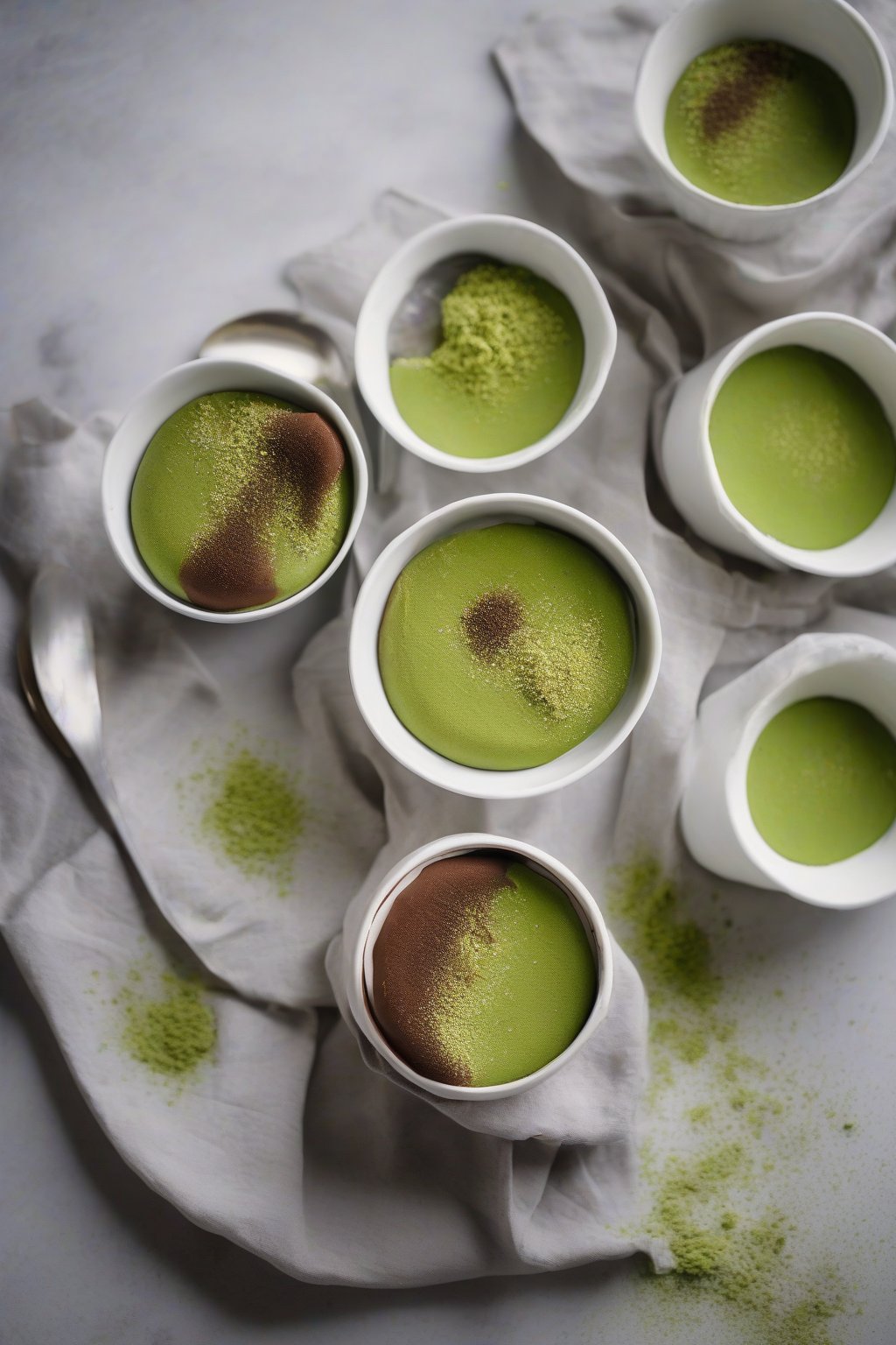 A high-resolution photo of matcha green tea airy chocolate mousse dusted with matcha powder in white ramekins, under soft lighting.