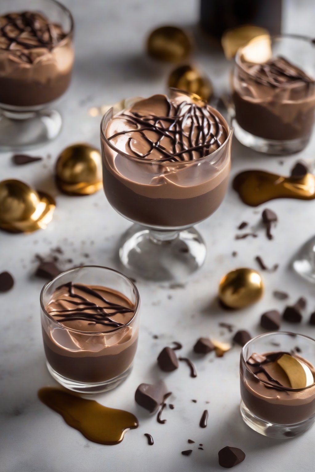 A high-resolution photo of Irish cream airy chocolate mousse with whiskey drizzle in rocks glasses, under soft lighting.