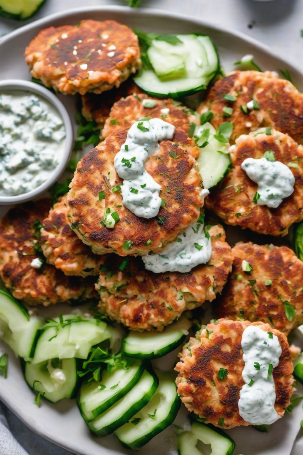 A close-up photo of Greek feta salmon patties with tzatziki and cucumber slices, under soft lighting.