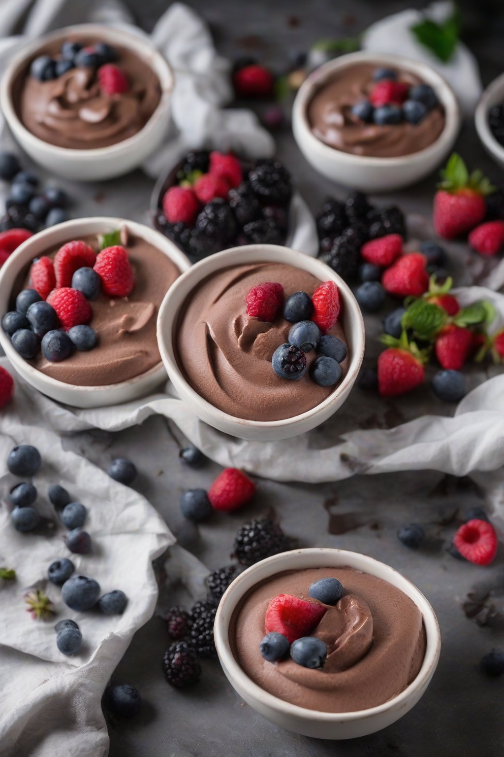 A high-resolution photo of keto airy chocolate mousse topped with berries in low bowls, under soft lighting.