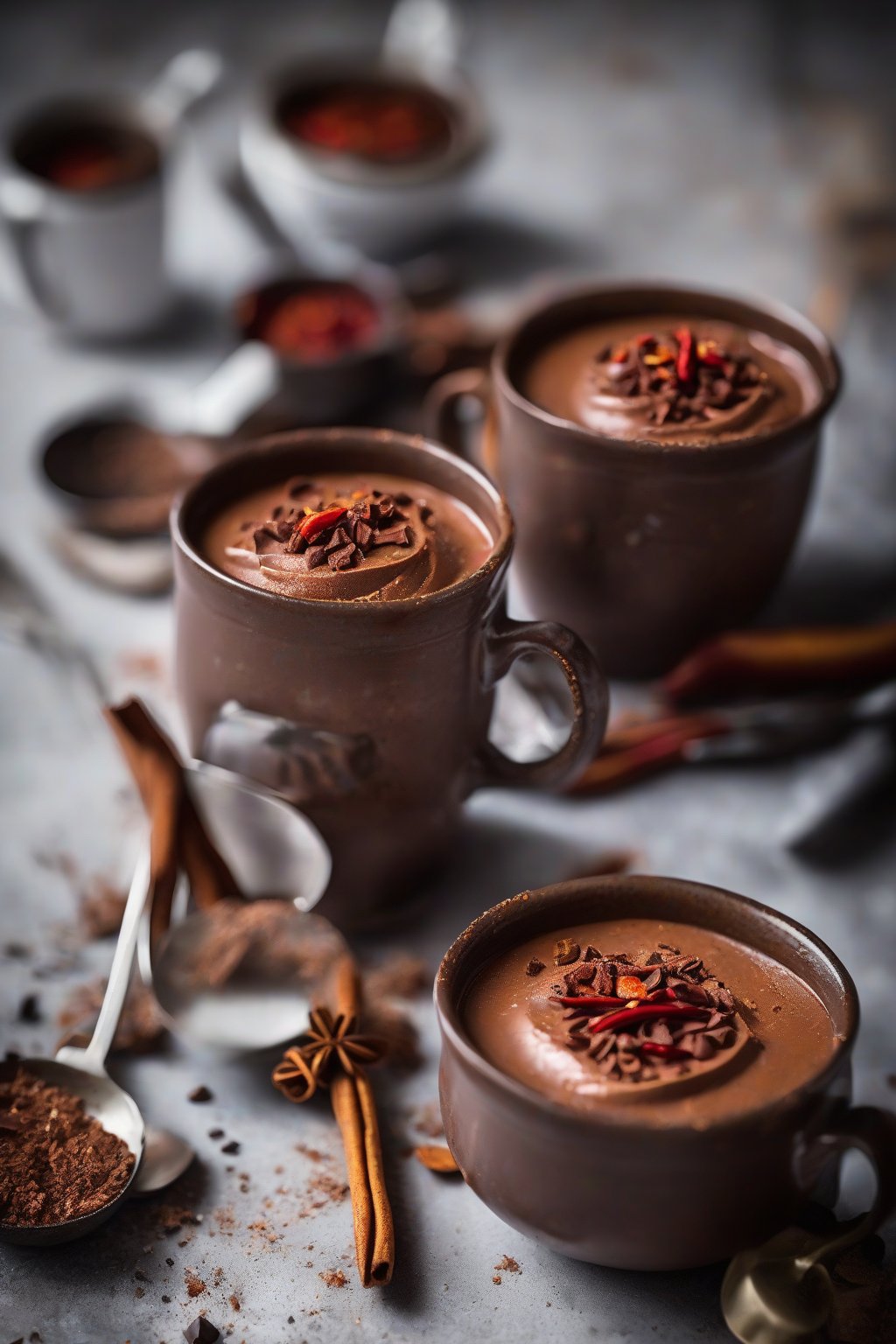 A high-resolution photo of spiced chili airy chocolate mousse with chili flakes garnish in rustic mugs, under soft lighting.