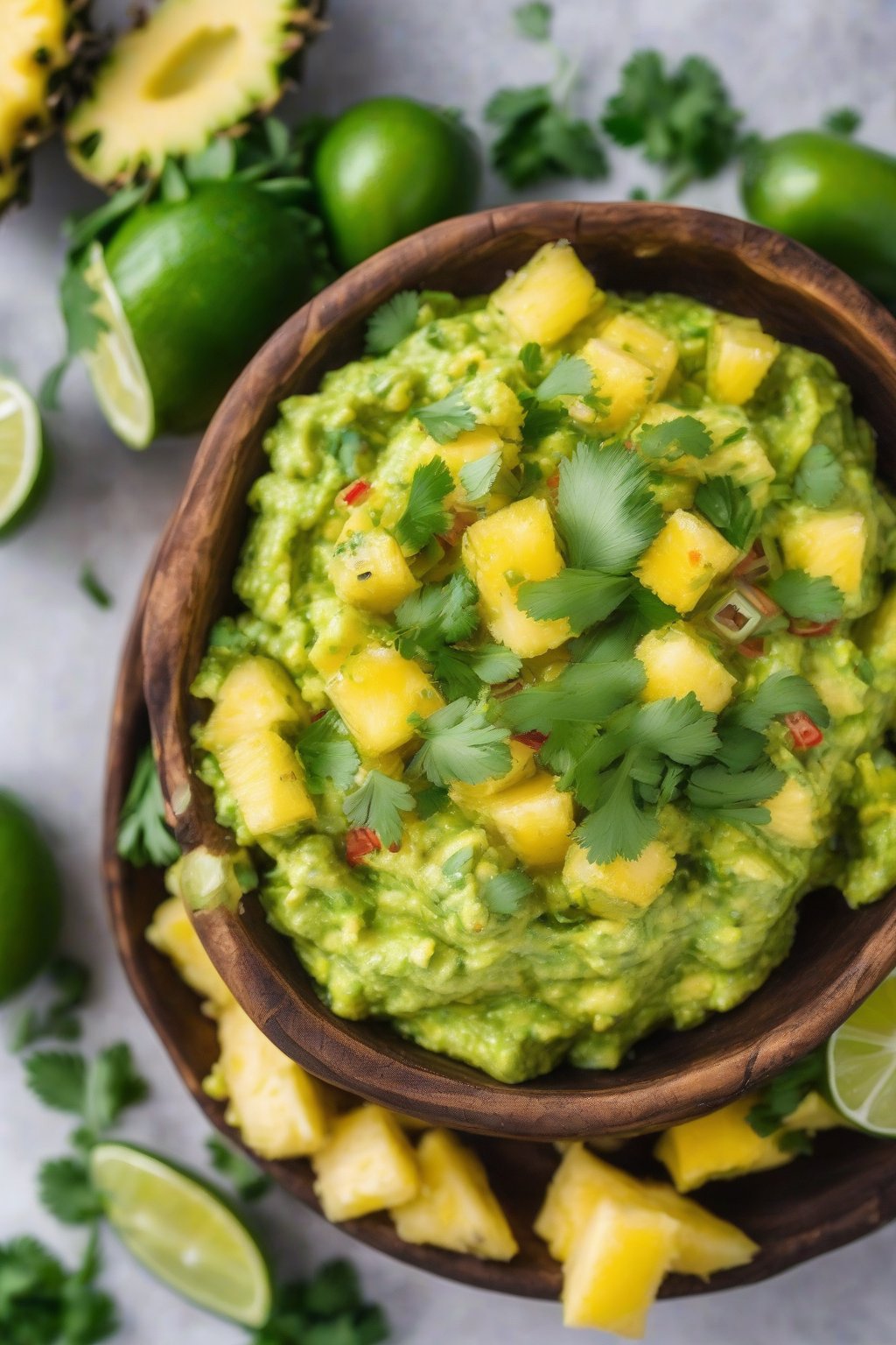 A close-up photo of vibrant green pineapple jalapeño guacamole in a rustic bowl, topped with pineapple chunks and cilantro, under soft lighting.