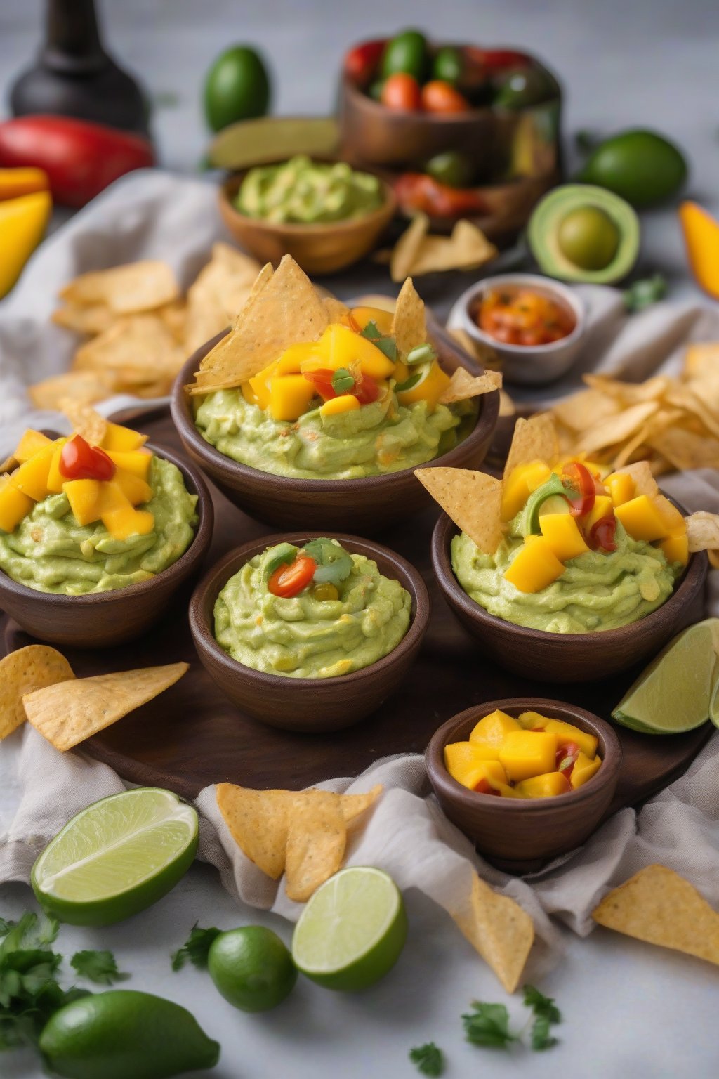 A close-up photo of creamy mango habanero guacamole garnished with mango slices and habanero rings, served with chips, under soft lighting.