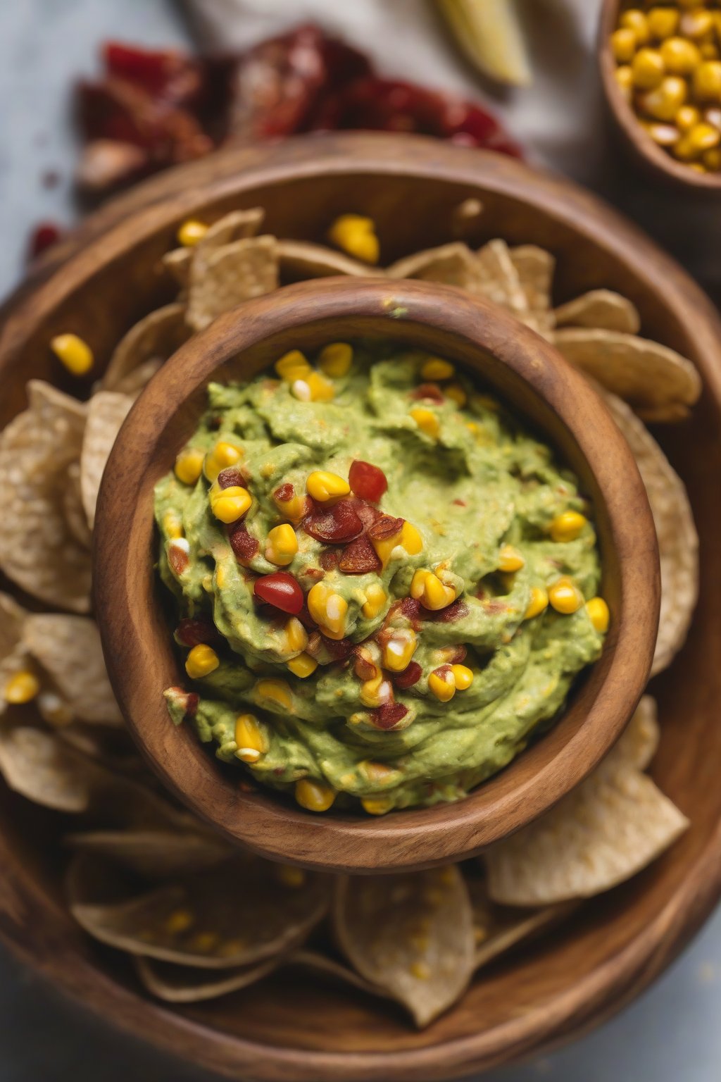 A close-up photo of smoky chipotle guacamole swirled with red flecks and corn kernels in a wooden bowl, under soft lighting.