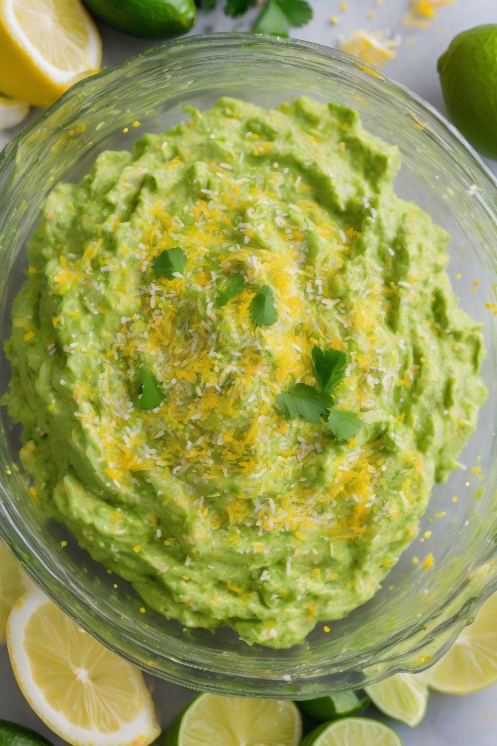A close-up photo of bright green citrus burst guacamole with lemon and lime zest sprinkles, in a clear glass dish, under soft lighting.
