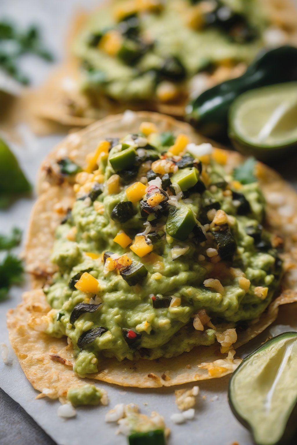 A close-up photo of roasted poblano guacamole with charred pepper bits and cheese crumbles, dolloped on tostadas, under soft lighting.
