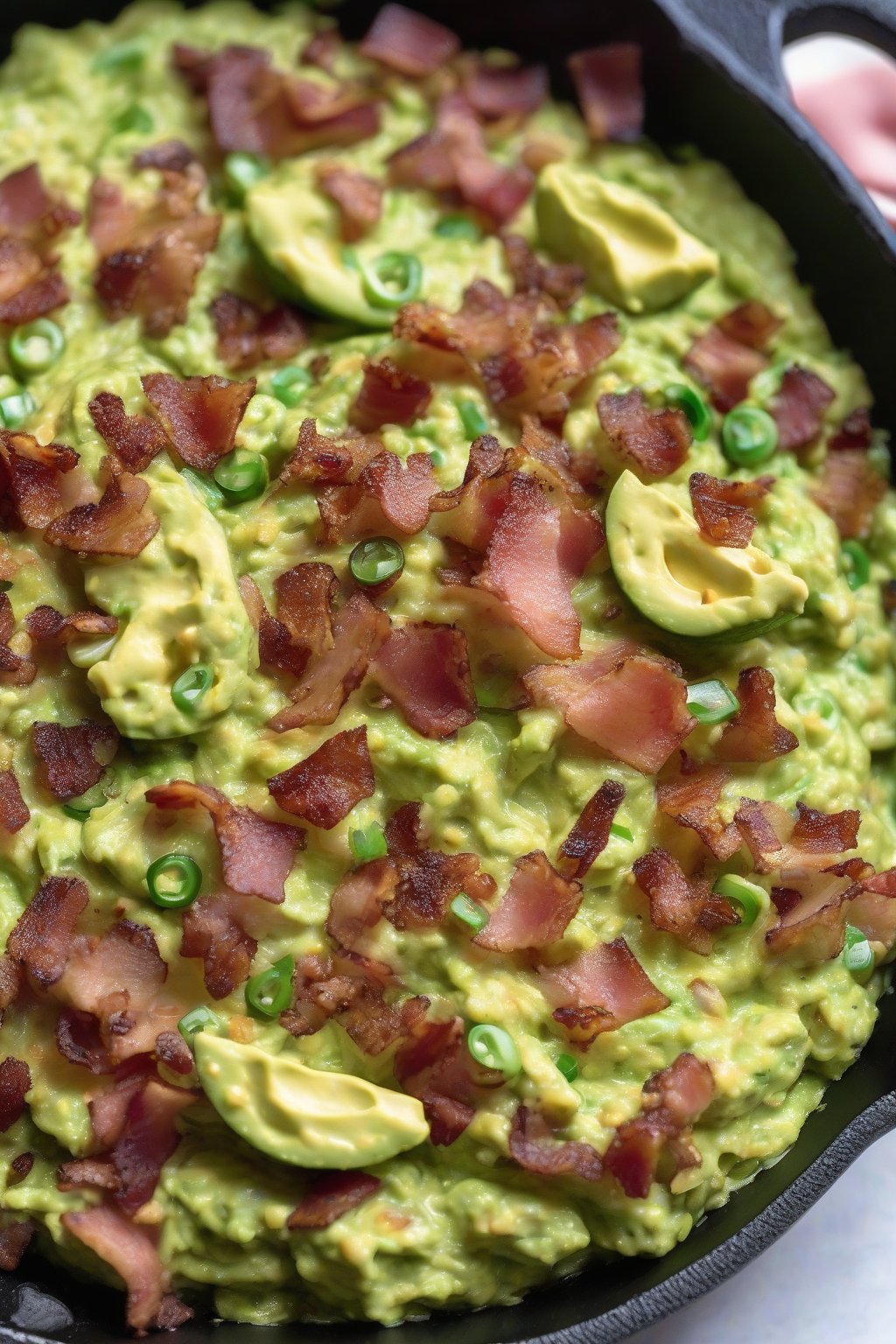A close-up photo of bacon-flecked guacamole topped with extra bacon bits and green onions, in a cast-iron skillet, under soft lighting.