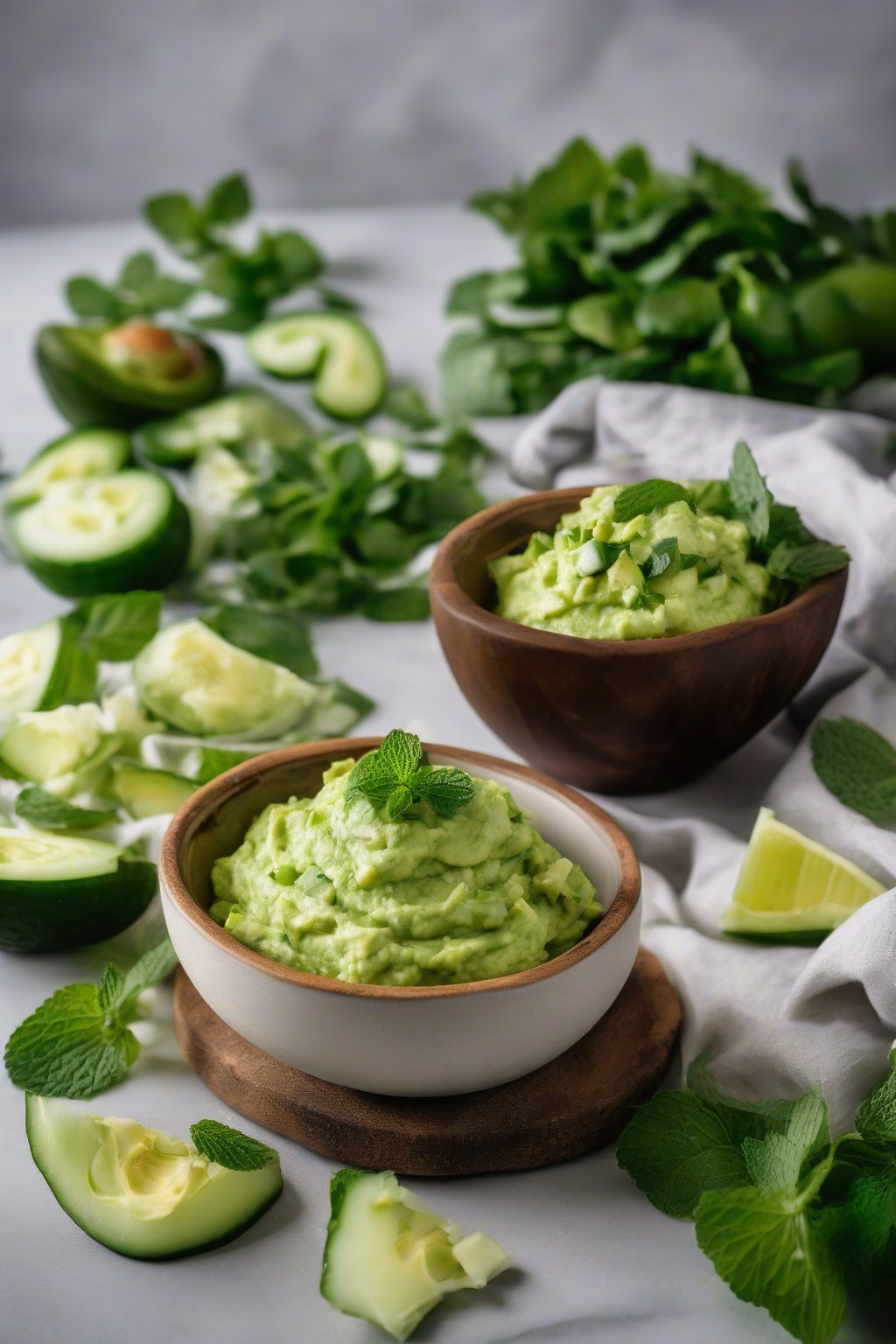 A close-up photo of refreshing cucumber mint guacamole with visible cucumber chunks and mint leaves, beside cucumber slices, under soft lighting.