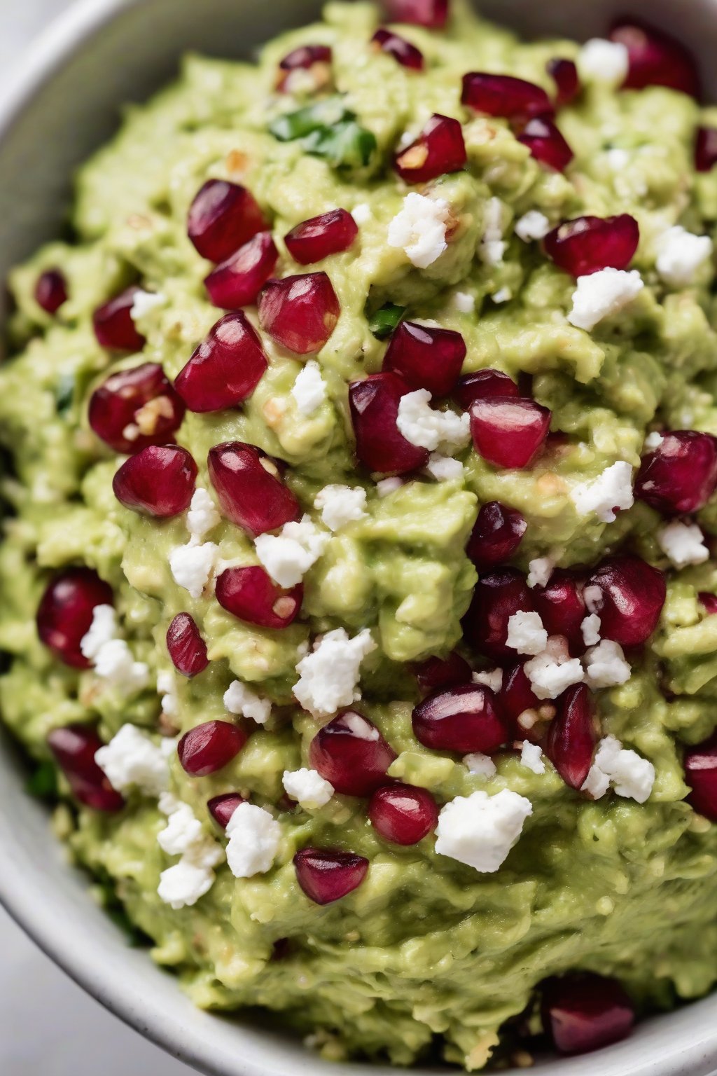 A close-up photo of pomegranate guacamole bursting with red seeds and feta crumbles in a white bowl, under soft lighting.