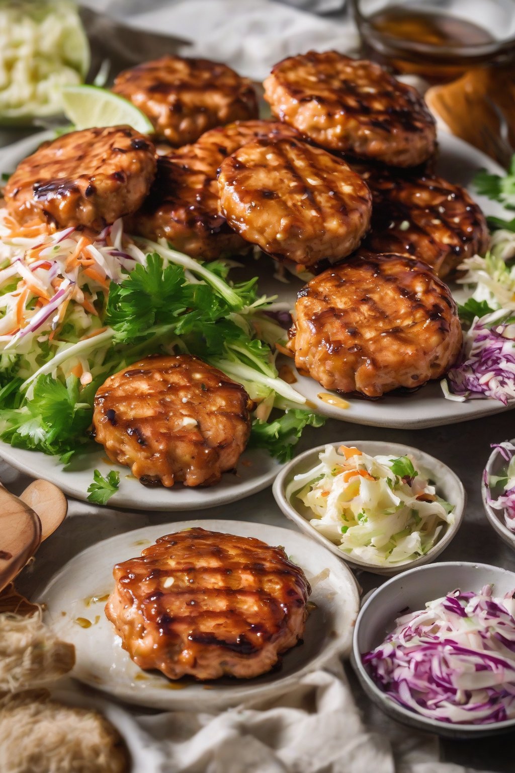 A close-up photo of BBQ honey salmon patties glazed shiny, coleslaw side, under soft lighting.