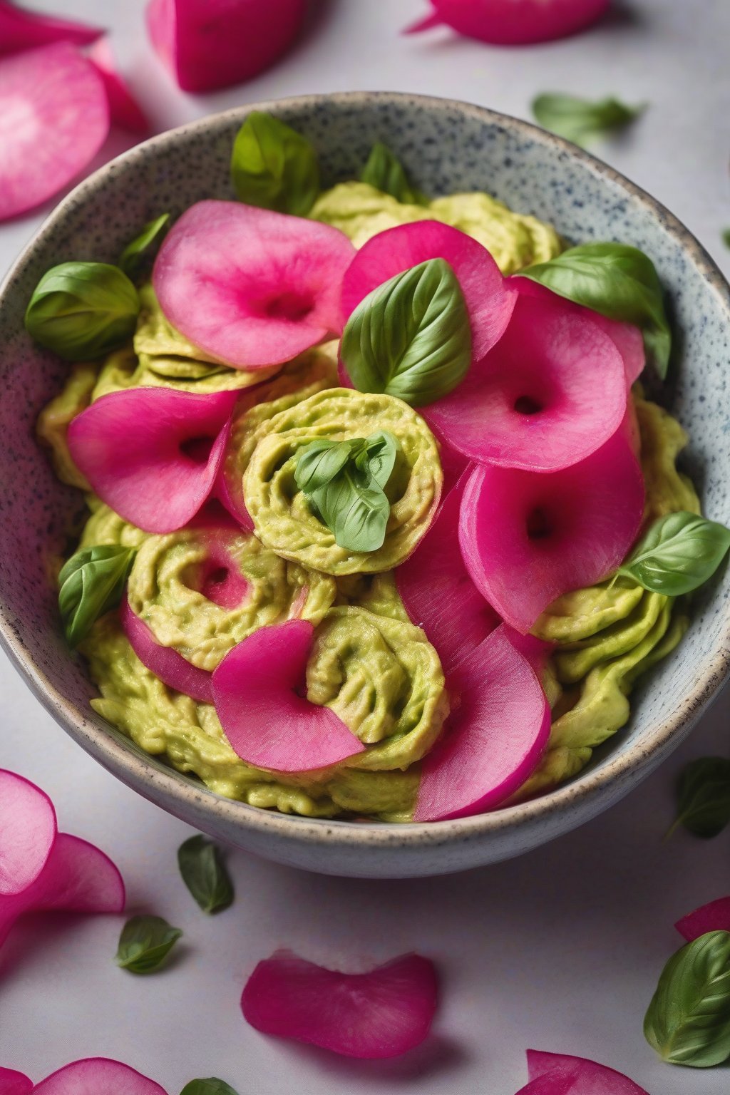 A close-up photo of guacamole topped with colorful watermelon radish rosettes and basil, in a modern ceramic bowl, under soft lighting.