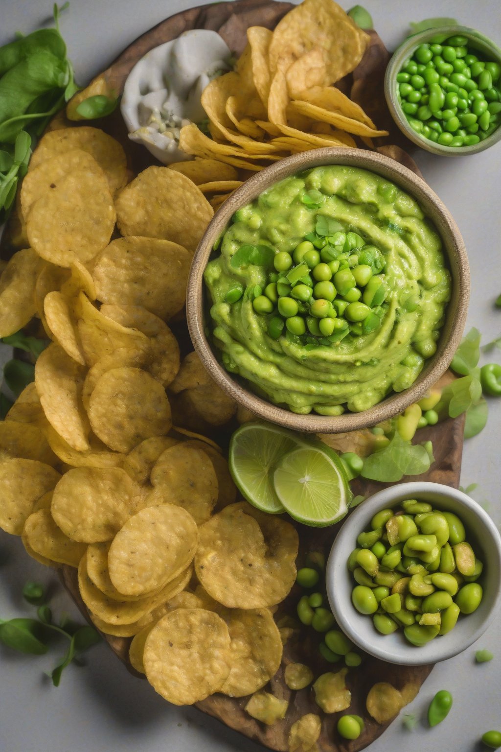 A close-up photo of wasabi pea guacamole with green pea flecks and edamame, served with plantain chips, under soft lighting.