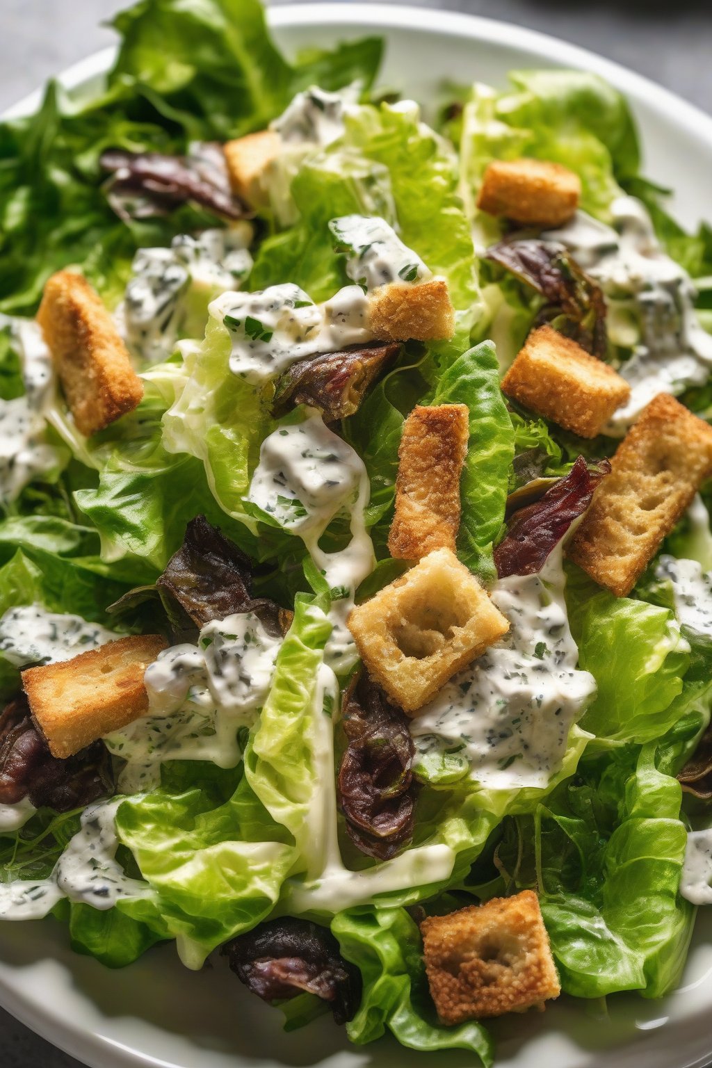 A close-up photo of a classic Anchovy Cesar Salad with crisp romaine, golden croutons, and creamy dressing under soft lighting.