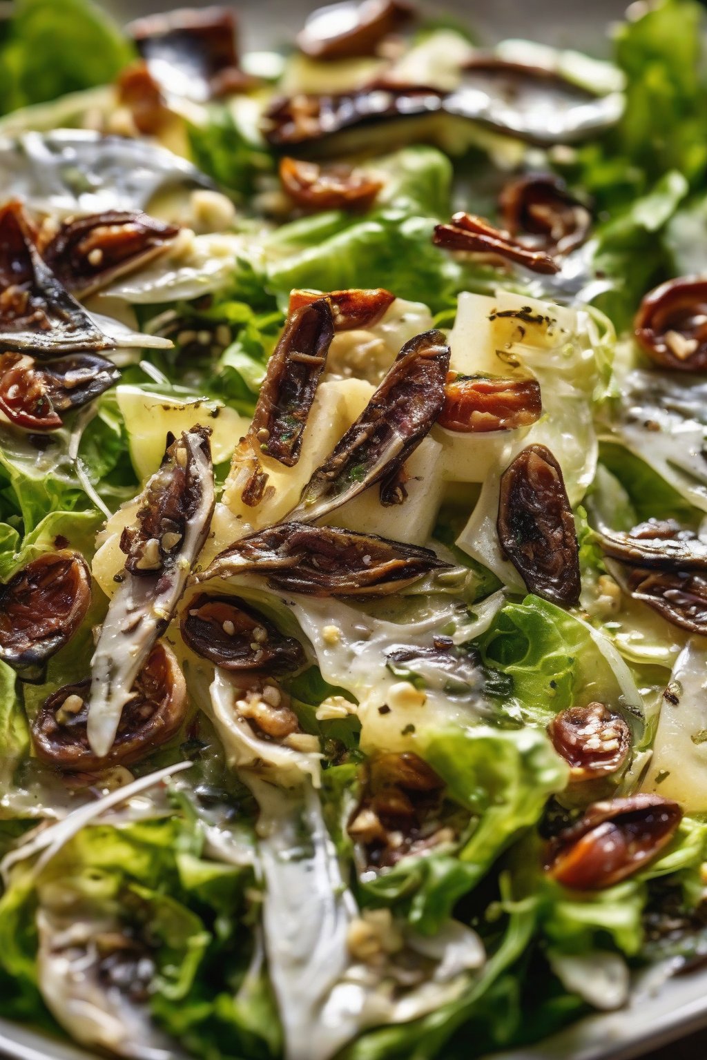 A close-up photo of Garlic-Roasted Anchovy Cesar Salad glistening with dressing and roasted garlic flecks under soft lighting.