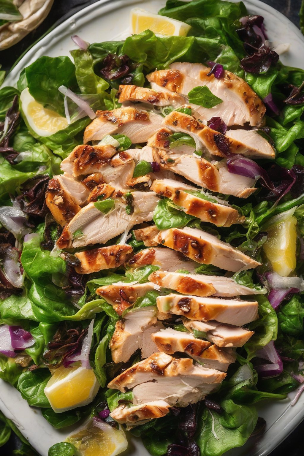 A close-up photo of Grilled Chicken Anchovy Cesar Salad with sliced chicken atop vibrant greens under soft lighting.