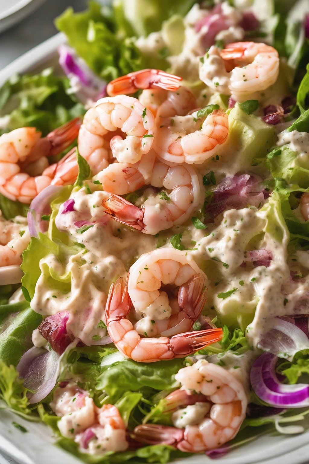 A close-up photo of Shrimp Anchovy Cesar Salad with pink shrimp nestled in creamy dressing under soft lighting.