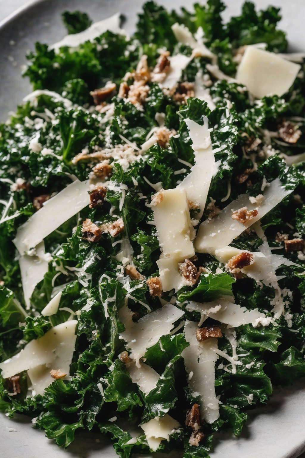 A close-up photo of Kale Anchovy Cesar Salad with dark green leaves and shaved Parmesan under soft lighting.