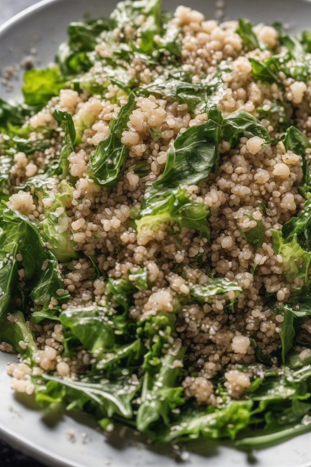 A close-up photo of Quinoa Anchovy Cesar Salad with fluffy grains mixed into greens under soft lighting.