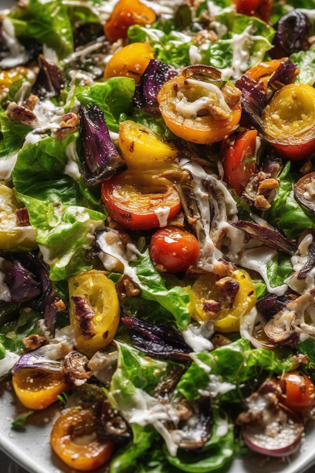 A close-up photo of Roasted Veggie Anchovy Cesar Salad with caramelized florets under soft lighting.