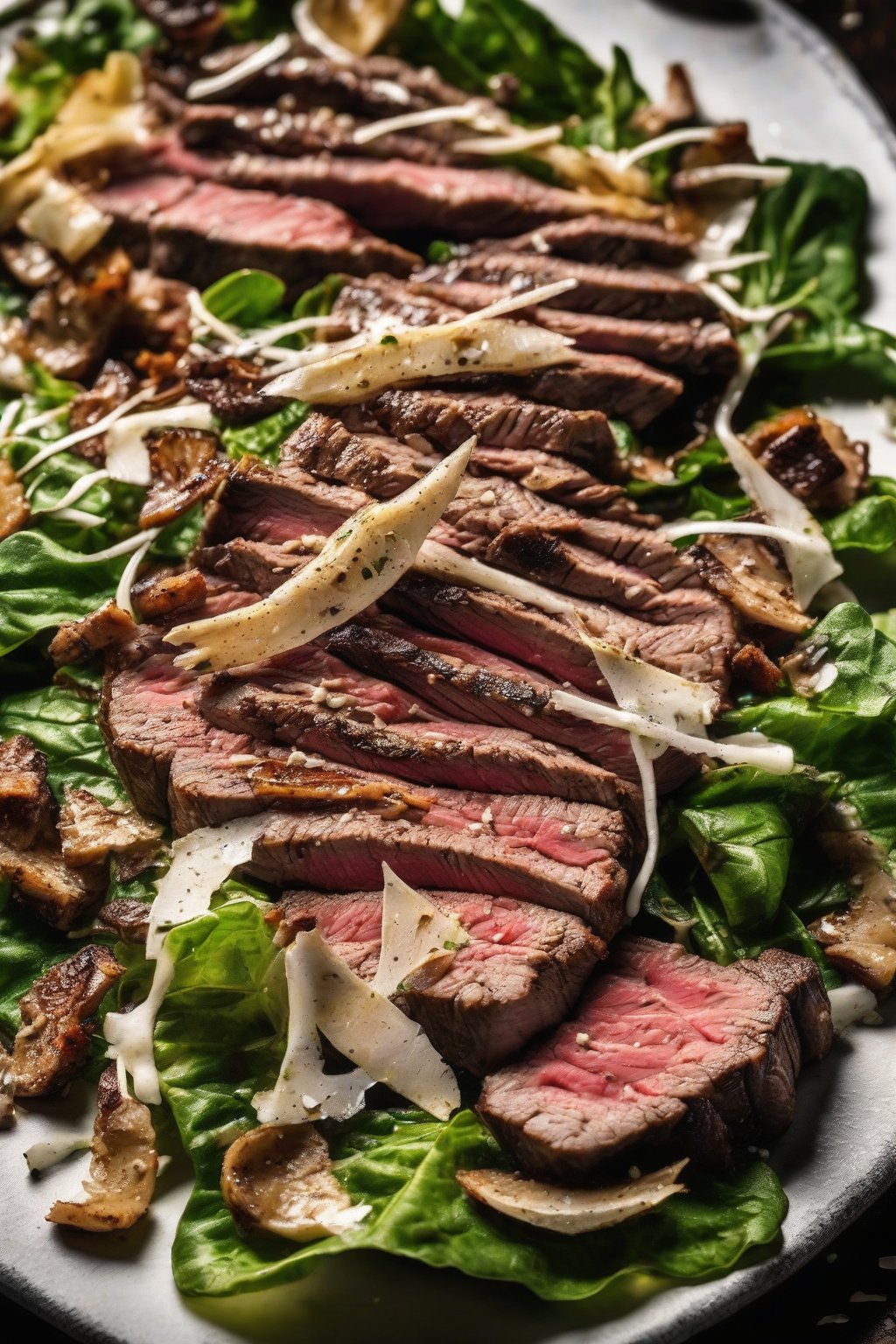 A close-up photo of Steak Anchovy Cesar Salad with seared steak strips over crisp leaves under soft lighting.