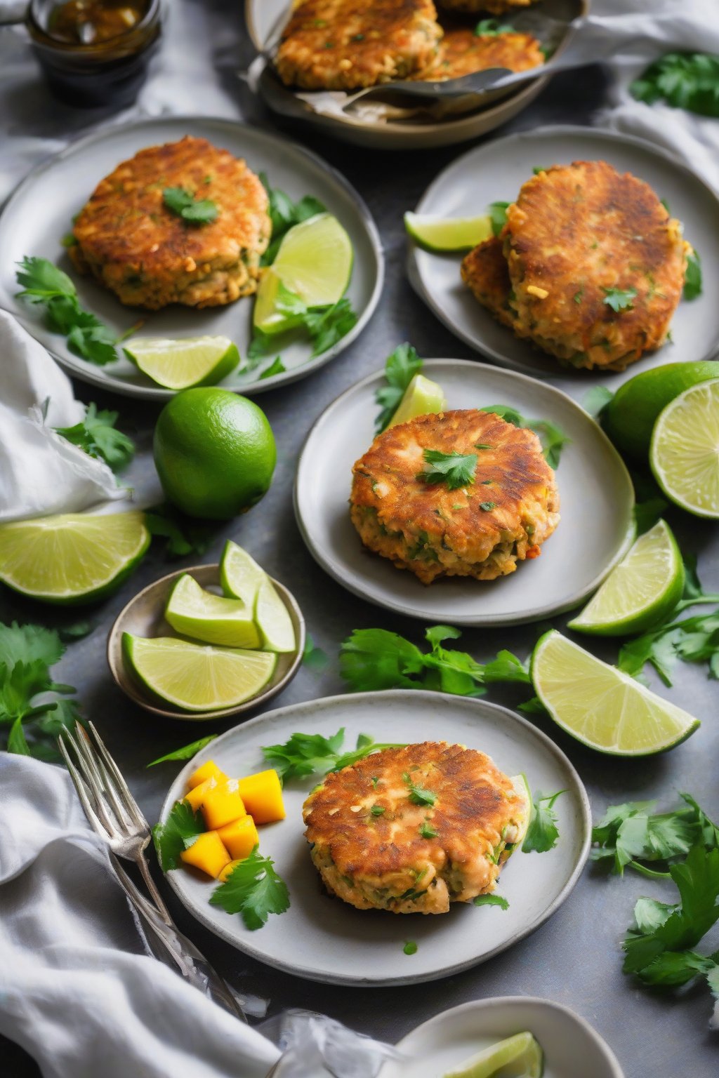 A close-up photo of coconut curry salmon patties with lime wedge and mango chutney, under soft lighting.