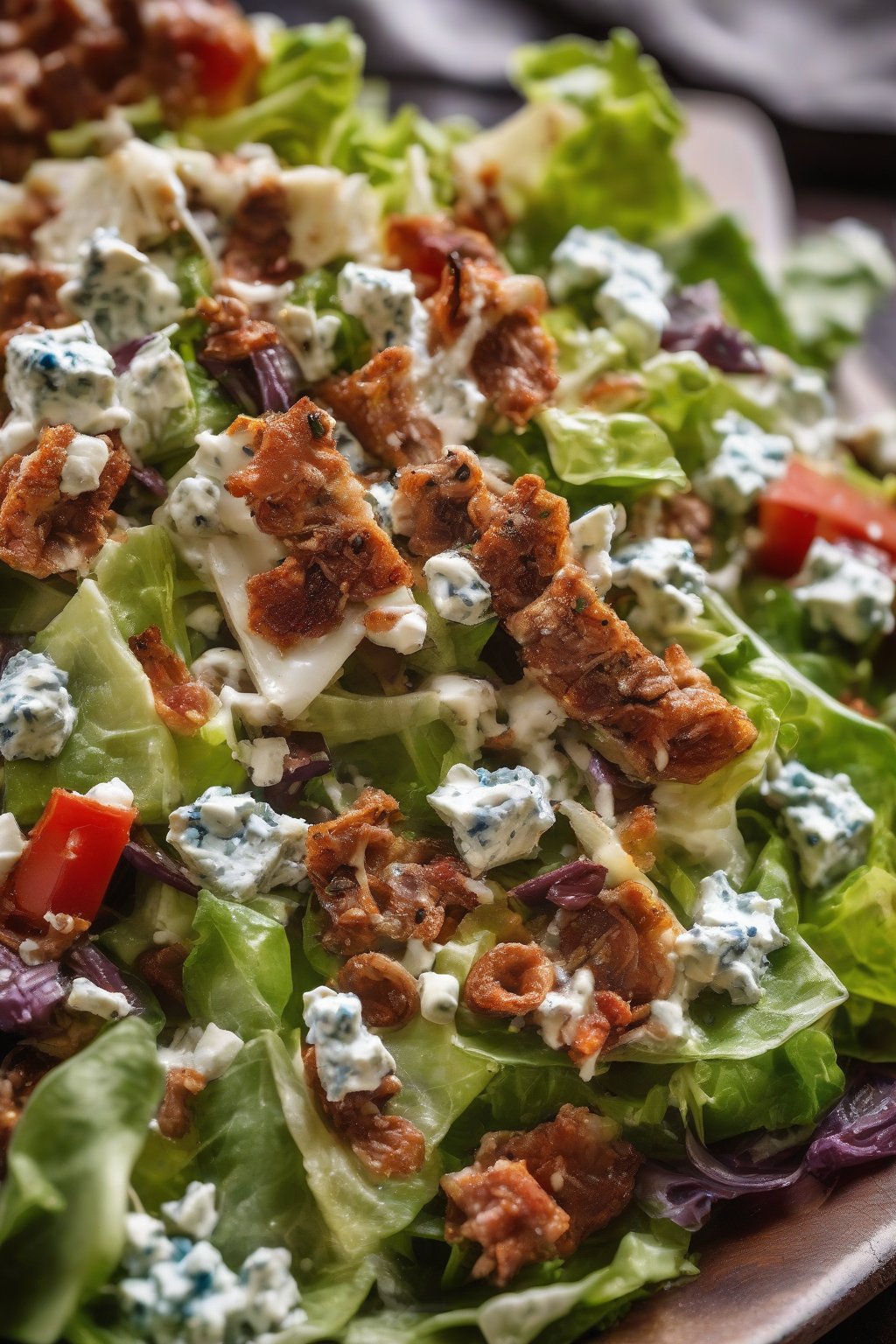 A close-up photo of Buffalo Anchovy Cesar Salad with spicy red flecks and blue cheese under soft lighting.