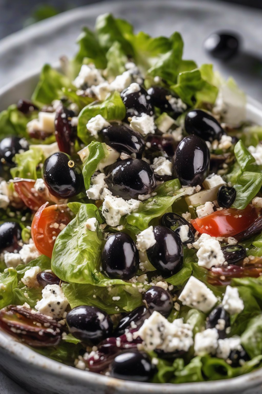 A close-up photo of Mediterranean Anchovy Cesar Salad with black olives and feta crumbles under soft lighting.