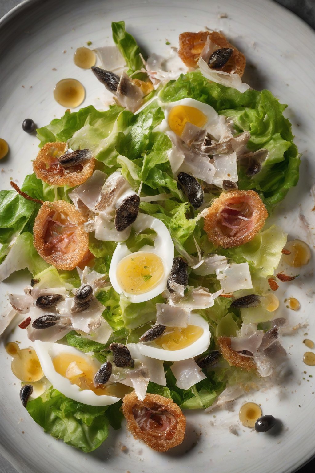 A close-up photo of Deconstructed Anchovy Cesar Salad with arranged elements on a plate under soft lighting.
