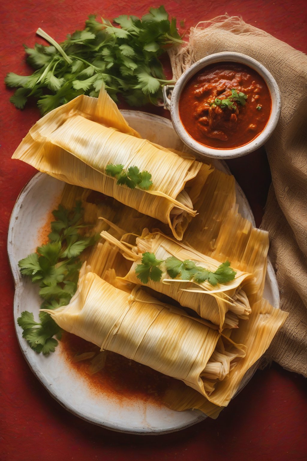 A high-resolution photo of steaming pork tamales in red chile sauce unwrapped on a corn husk, garnished with cilantro, under soft lighting.