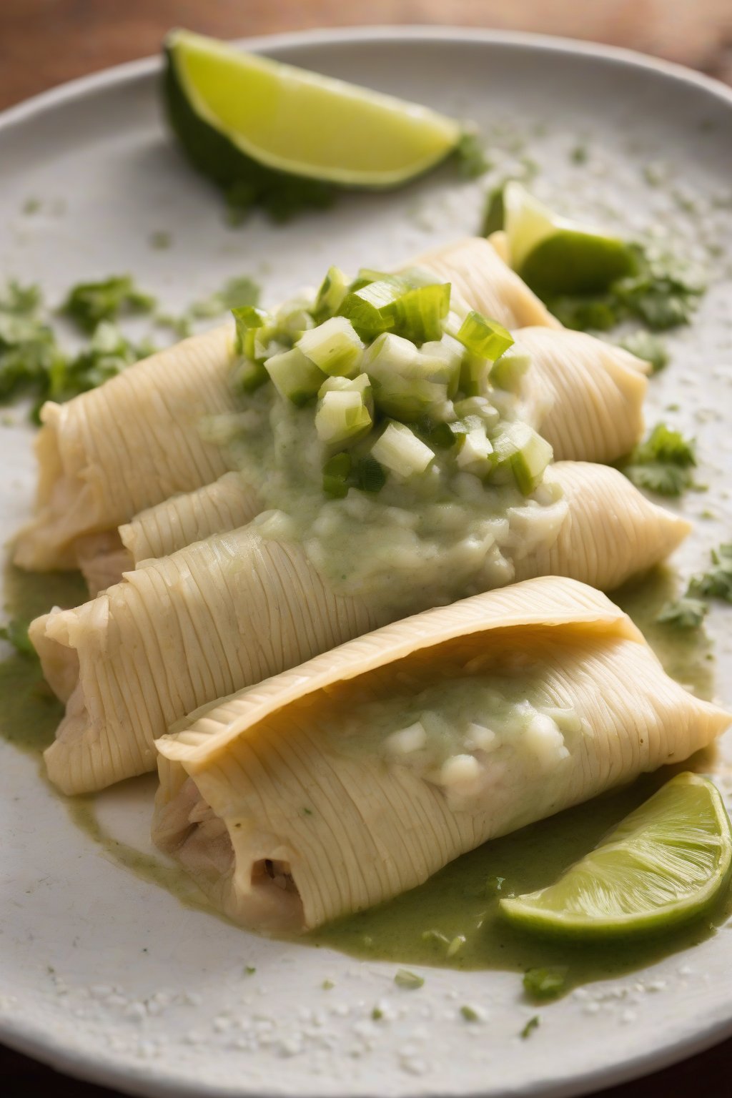 A high-resolution photo of a sliced chicken tamale in green salsa, showing moist filling and masa, under soft lighting.