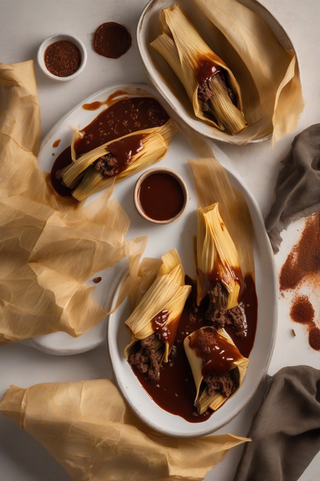 A high-resolution photo of unwrapped beef tamales with rich ancho sauce dripping, beside a husk, under soft lighting.