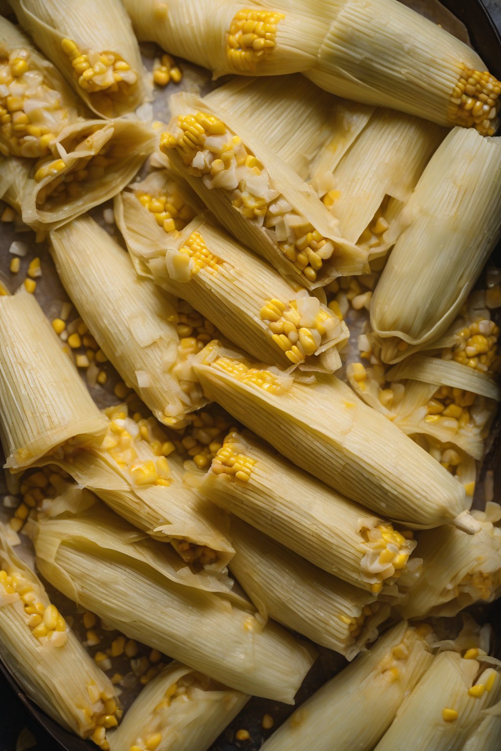 A high-resolution photo of golden sweet corn tamales sliced open, kernels bursting out, under soft lighting.