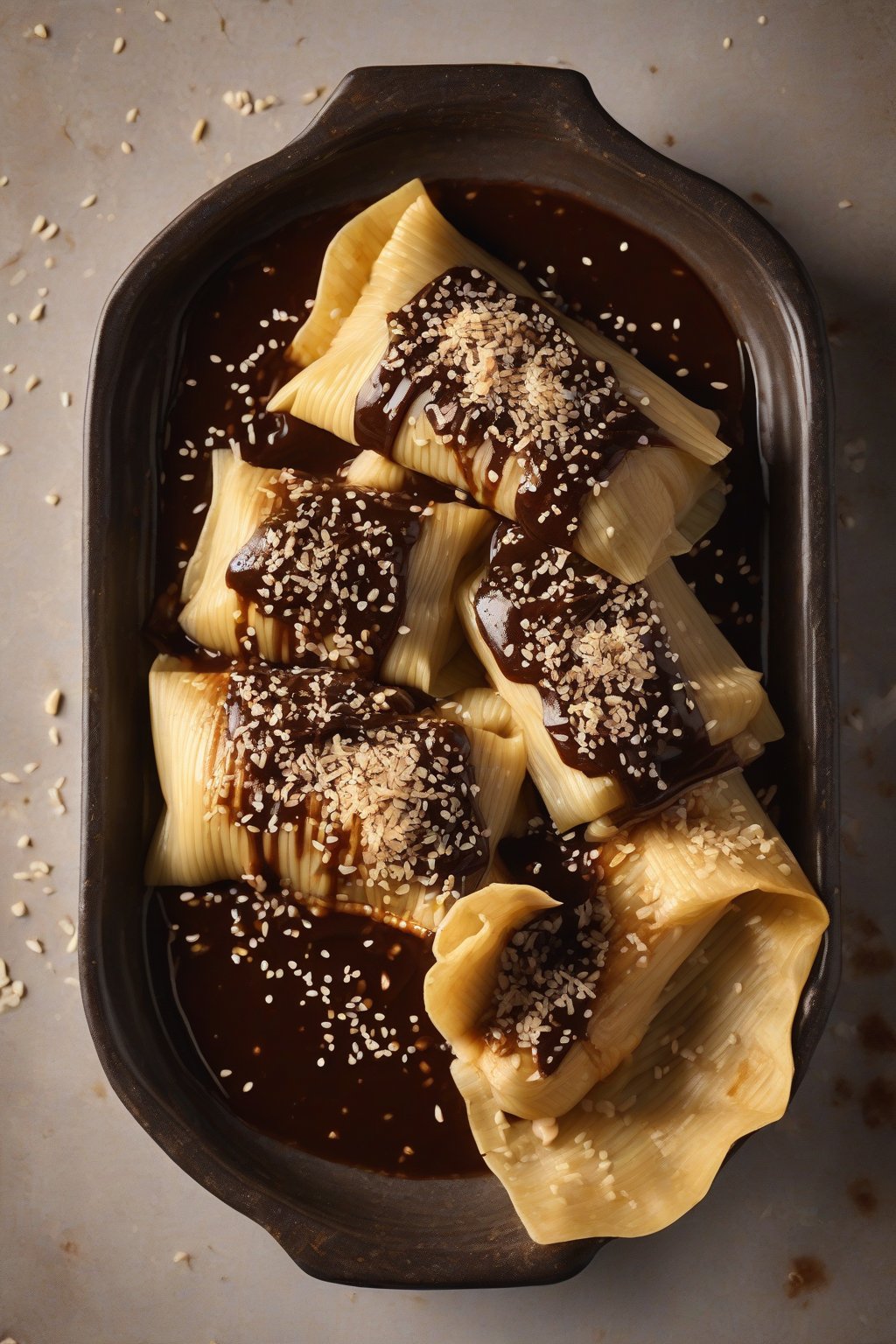 A high-resolution photo of a tamale drizzled in dark mole sauce, topped with sesame seeds, under soft lighting.