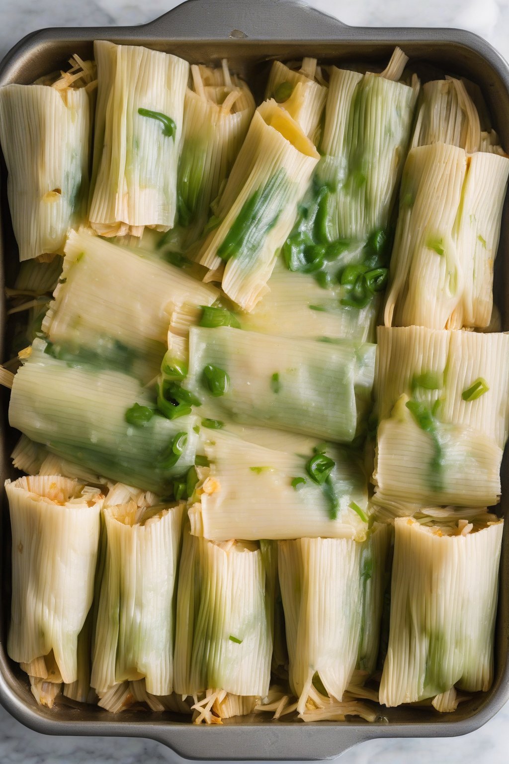 A high-resolution photo of cheesy rajas tamales oozing filling when cut, with green strips visible, under soft lighting.