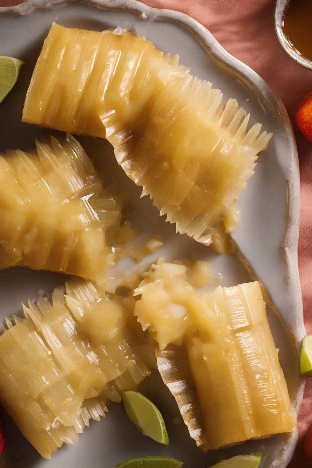 A high-resolution photo of a split sweet pineapple tamale, fruit glistening with syrup, under soft lighting.